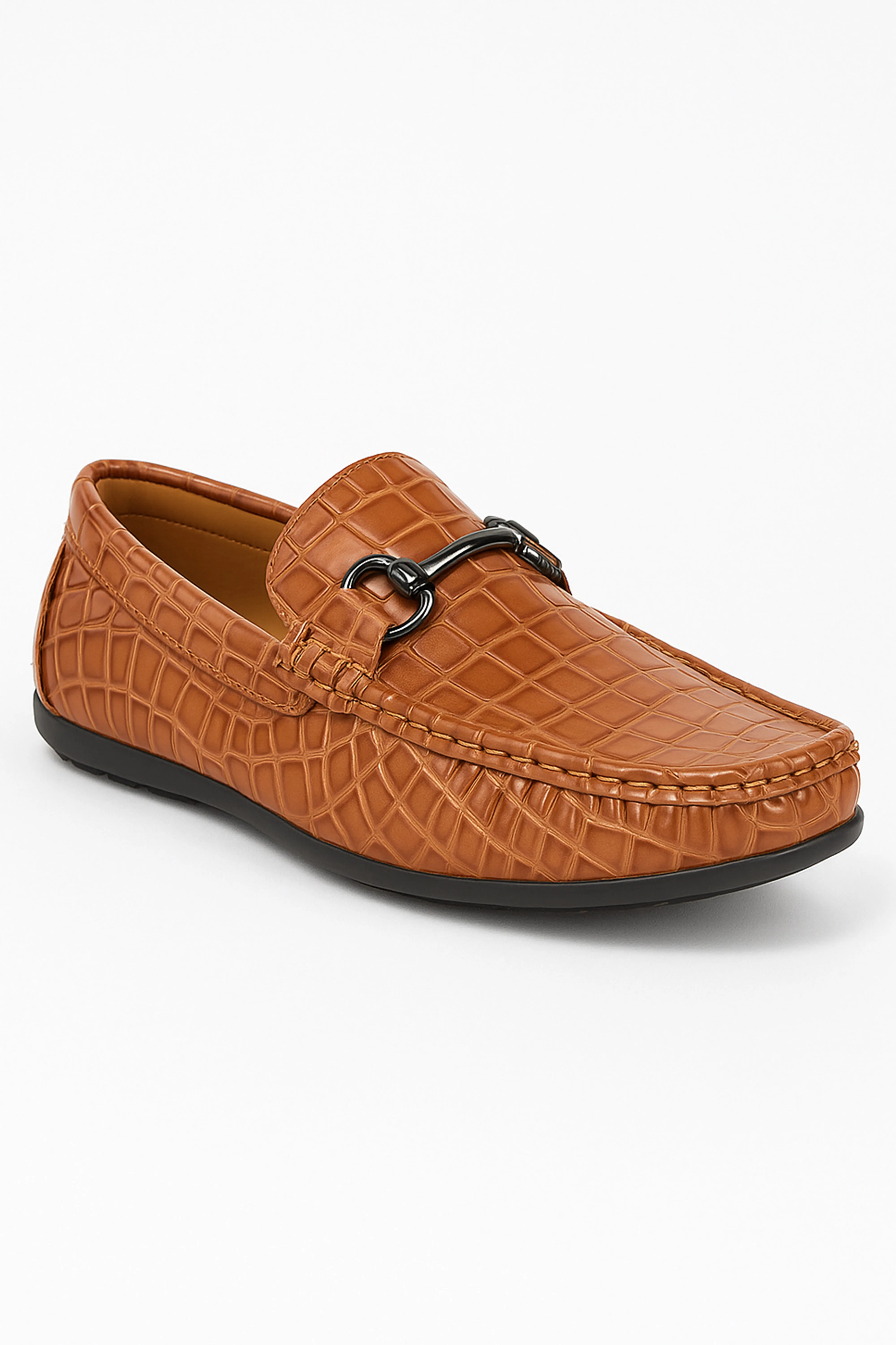 Boys Crocodile Slip on Patent Loafer Mocassin - ROBIN - Tan Brown