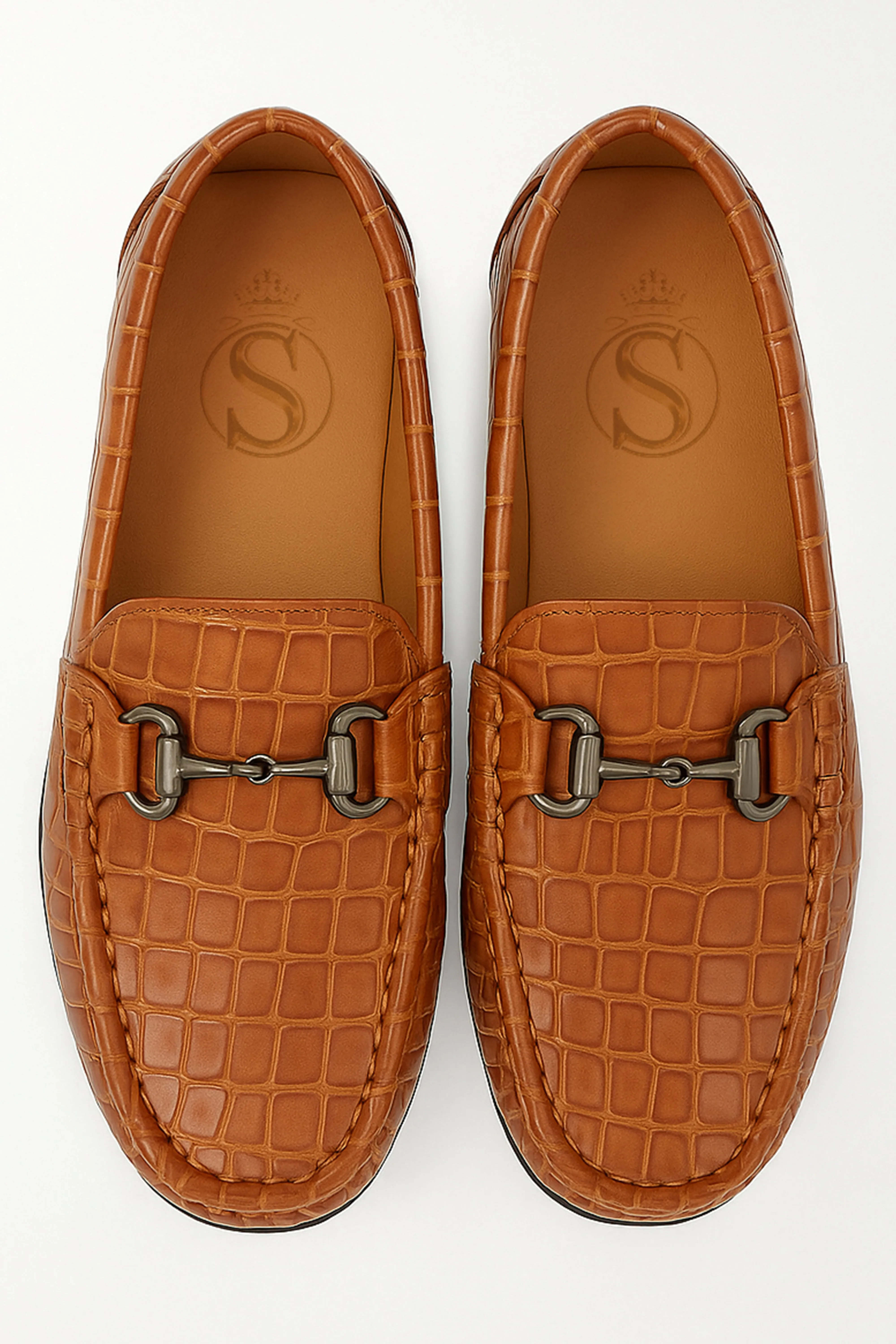 Boys Crocodile Slip on Patent Loafer Mocassin - ROBIN - Tan Brown