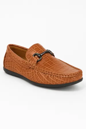 Boys Crocodile Slip on Patent Loafer Mocassin - ROBIN - Tan Brown