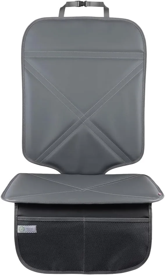 Car Seat Protector Leather Waterproof Child Safety Seat Protector Cover with Thick Pad and 2 Large Pockets Durable Kick Mat for All Auto Seat (Deep Gray)