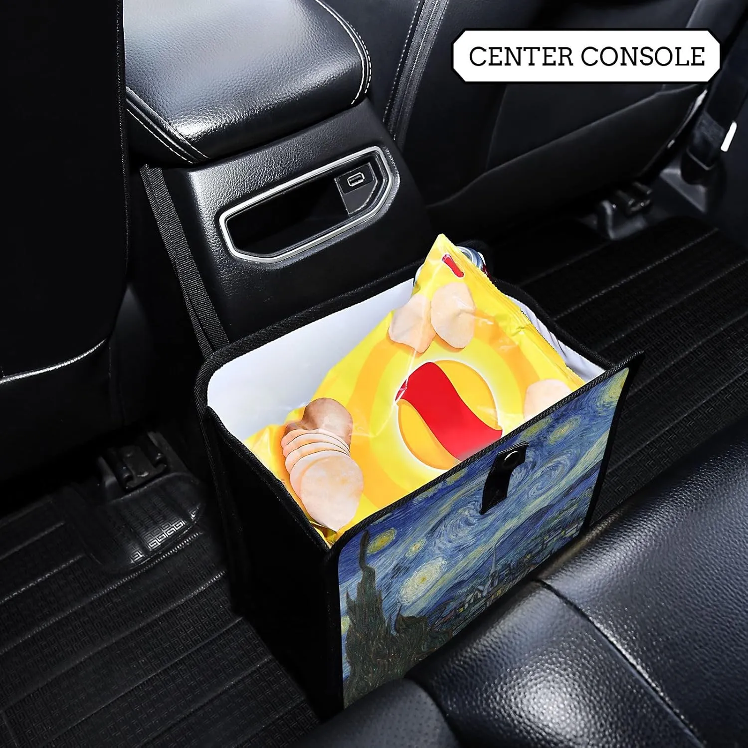 Car Trash Can Leakproof Car Garbage Can Waterproof Lining Trash Bag Bin Hanging Trash Bin Organizer Case for Car Trucks Vangogh Starry Night M