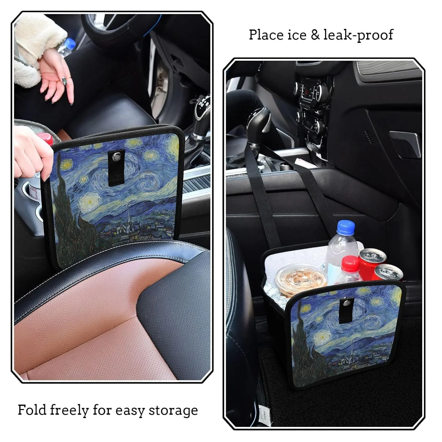 Car Trash Can Leakproof Car Garbage Can Waterproof Lining Trash Bag Bin Hanging Trash Bin Organizer Case for Car Trucks Vangogh Starry Night M