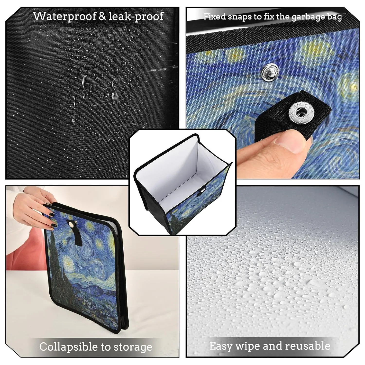 Car Trash Can Leakproof Car Garbage Can Waterproof Lining Trash Bag Bin Hanging Trash Bin Organizer Case for Car Trucks Vangogh Starry Night M