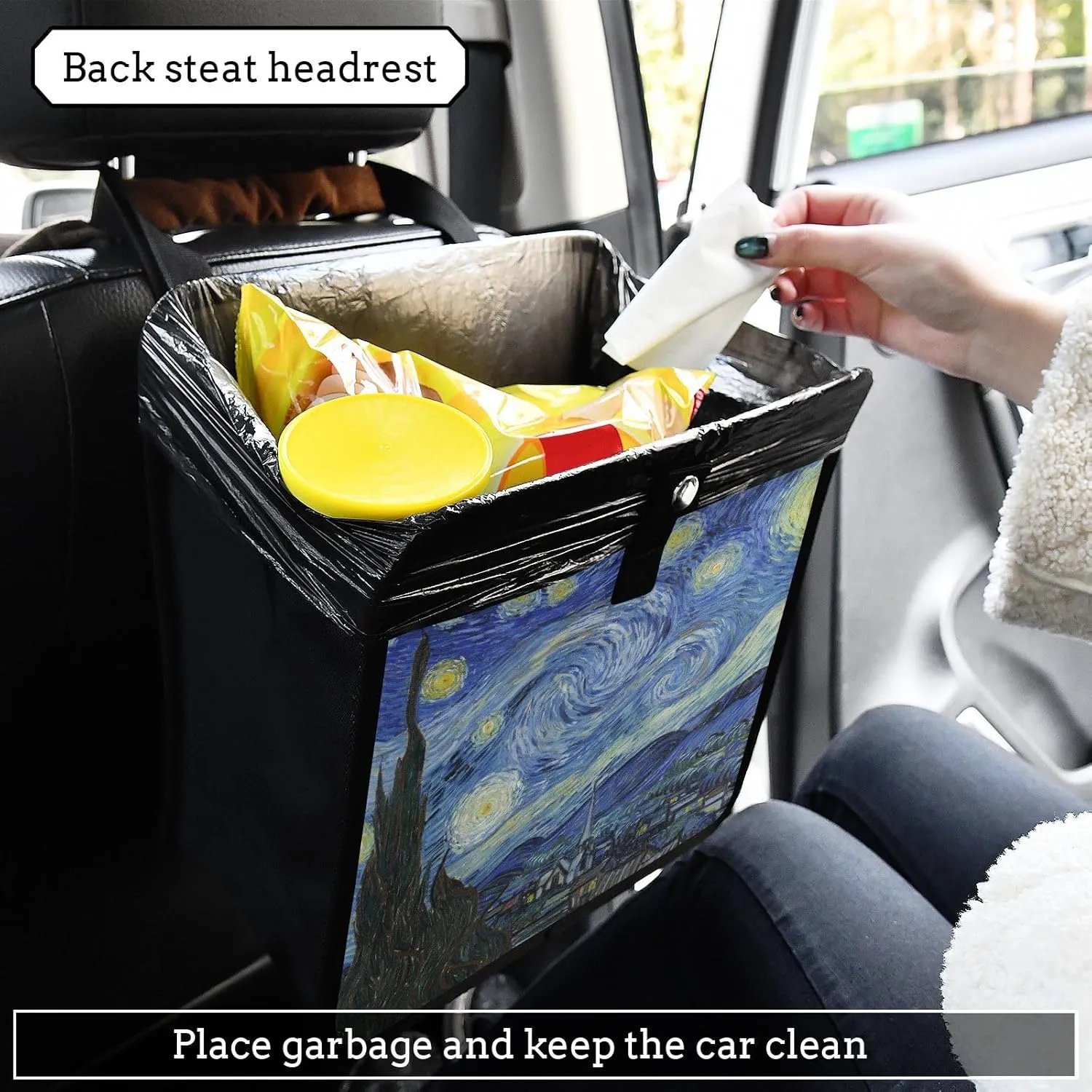 Car Trash Can Leakproof Car Garbage Can Waterproof Lining Trash Bag Bin Hanging Trash Bin Organizer Case for Car Trucks Vangogh Starry Night M
