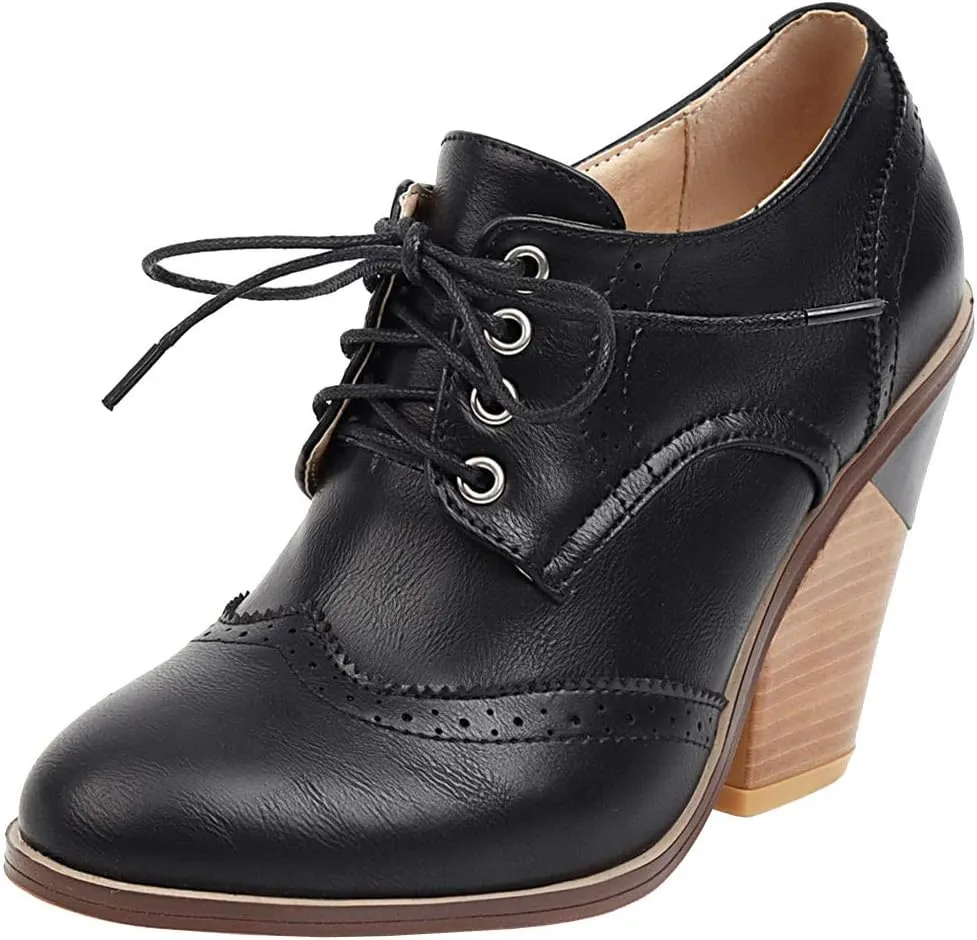 Caradise Womens Wingtip Oxford High Heels Round Toe Lace Up Brogue