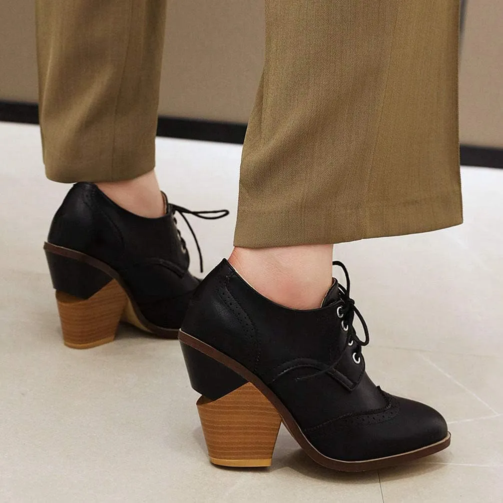 Caradise Womens Wingtip Oxford High Heels Round Toe Lace Up Brogue