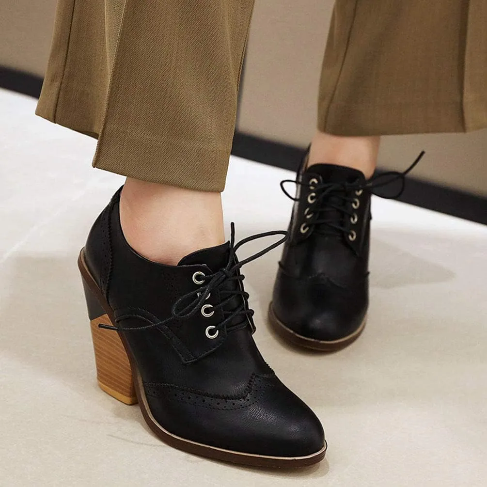Caradise Womens Wingtip Oxford High Heels Round Toe Lace Up Brogue