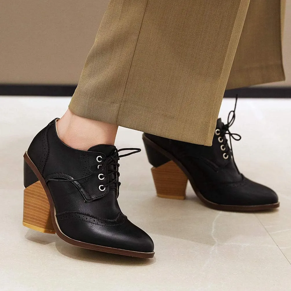 Caradise Womens Wingtip Oxford High Heels Round Toe Lace Up Brogue