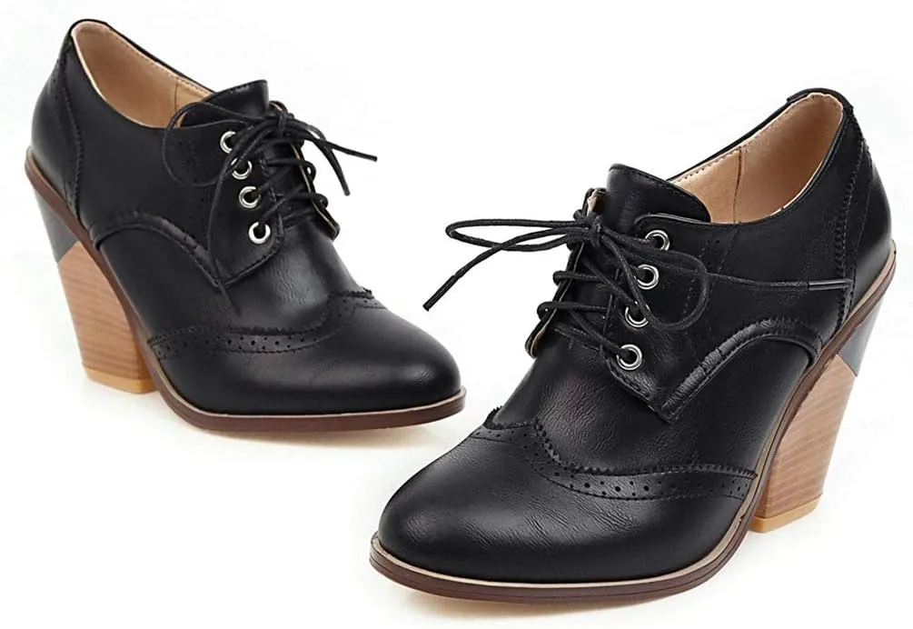 Caradise Womens Wingtip Oxford High Heels Round Toe Lace Up Brogue