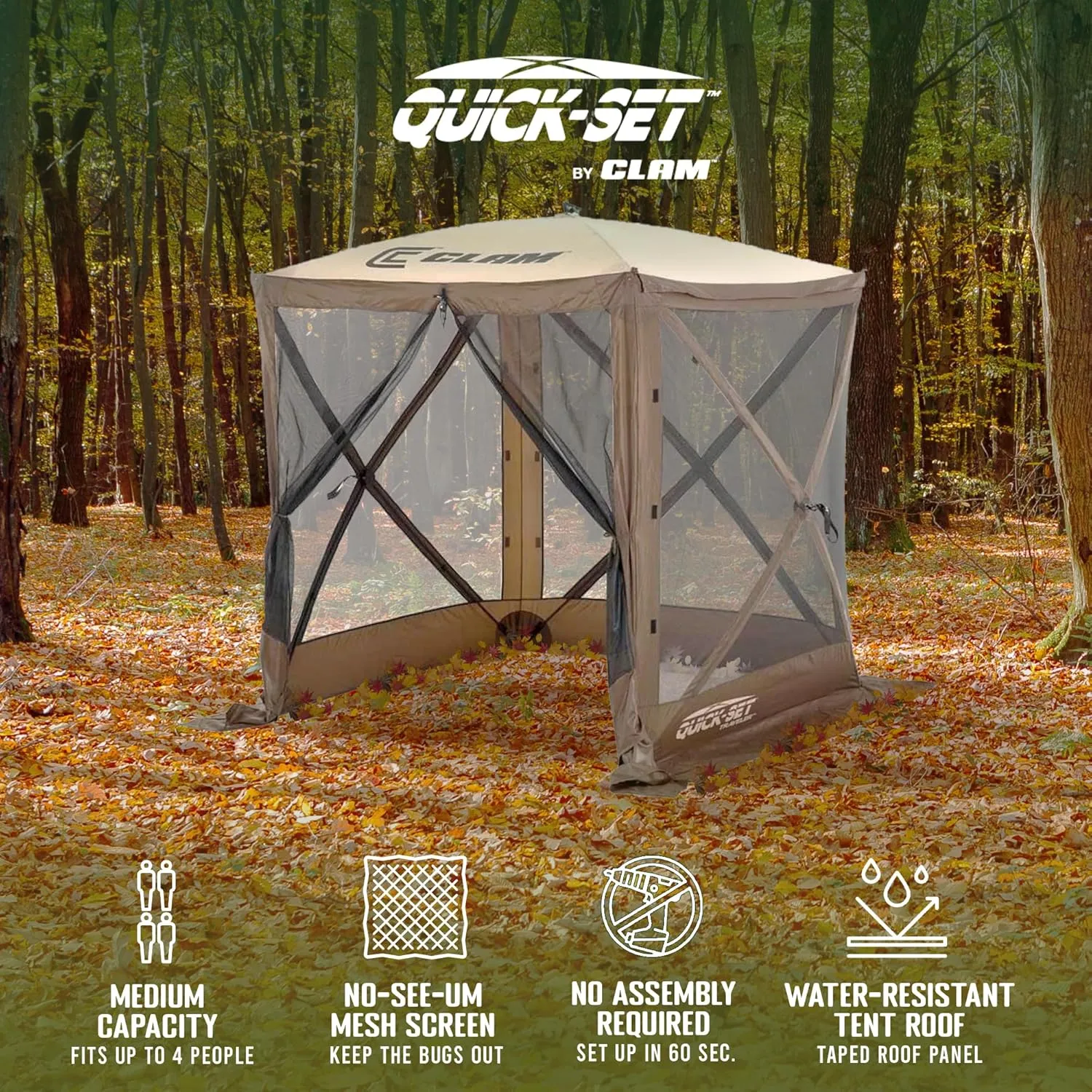 CLAM Pop Up Screen Tent, Outdoor Camping Gazebo Canopy, Traveler, 6' x 6', Brown