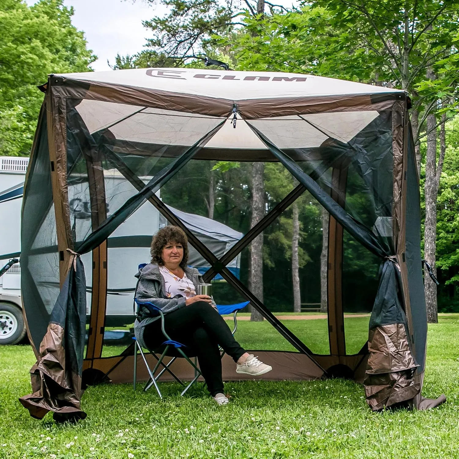 CLAM Pop Up Screen Tent, Outdoor Camping Gazebo Canopy, Traveler, 6' x 6', Brown