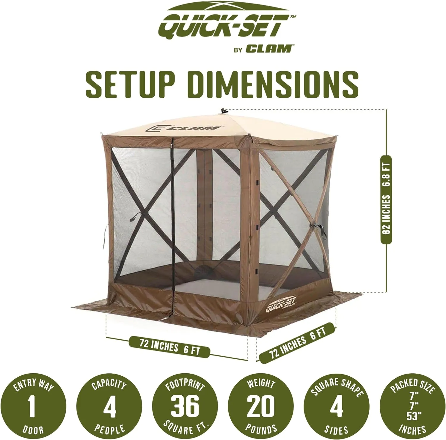 CLAM Pop Up Screen Tent, Outdoor Camping Gazebo Canopy, Traveler, 6' x 6', Brown