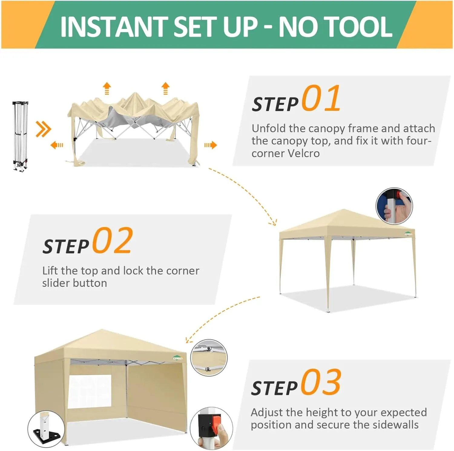 COBIZI 10x10 Pop Up Canopy Tent with 3 Sidewalls, Easy Up Canopy 10x10 Waterproof Commercial Outdoor Gazebo Portable Shelter Instant Tents for Parties,Backyard,Flea Market(Carrying Bag×1