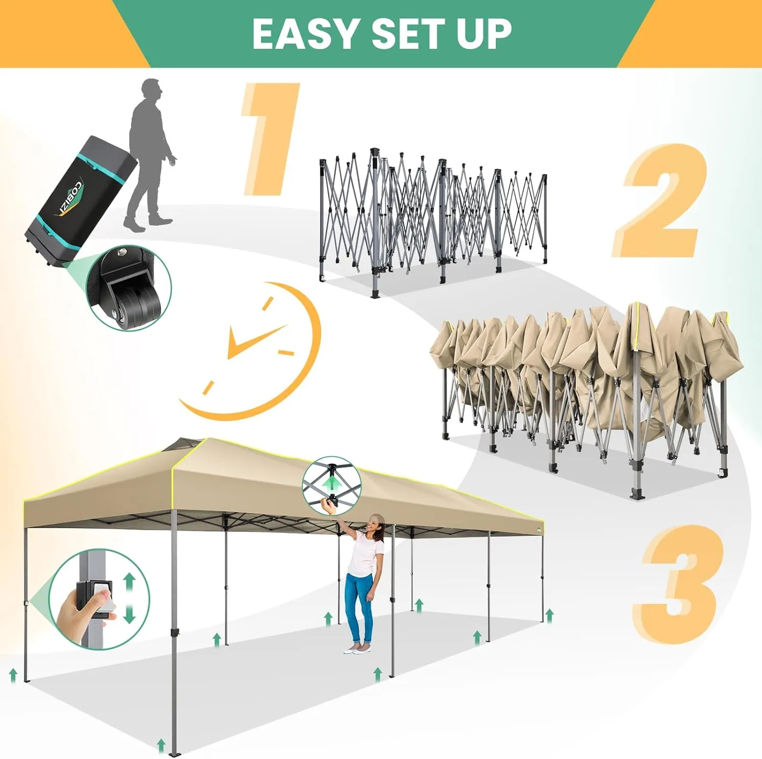 COBIZI 10x30 Pop Up Canopy Tent, Wedding Party Tent Without Sidewall One Push Setup Glow, 3 Adjustable Height Air Vent Waterproof UPF50 , Wheeled Bag, Sandbag, Stake, Rope for Commercial, Outdoor