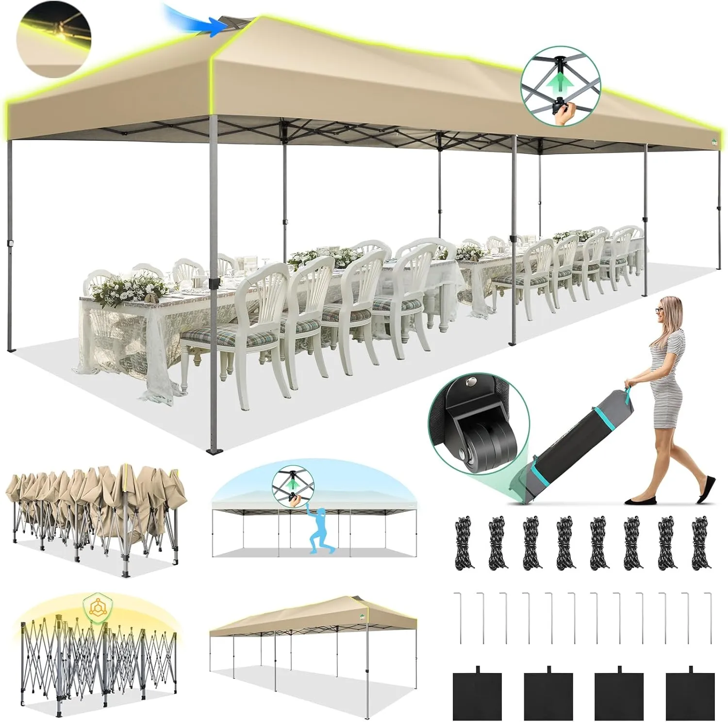 COBIZI 10x30 Pop Up Canopy Tent, Wedding Party Tent Without Sidewall One Push Setup Glow, 3 Adjustable Height Air Vent Waterproof UPF50 , Wheeled Bag, Sandbag, Stake, Rope for Commercial, Outdoor