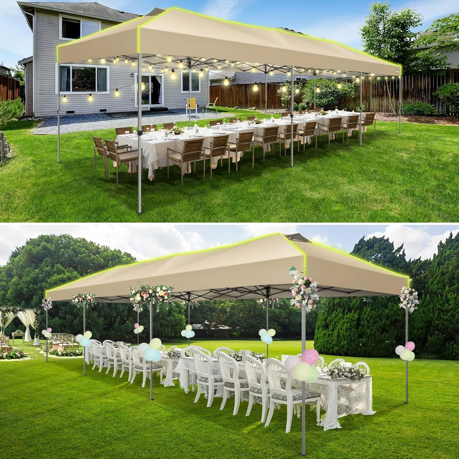 COBIZI 10x30 Pop Up Canopy Tent, Wedding Party Tent Without Sidewall One Push Setup Glow, 3 Adjustable Height Air Vent Waterproof UPF50 , Wheeled Bag, Sandbag, Stake, Rope for Commercial, Outdoor