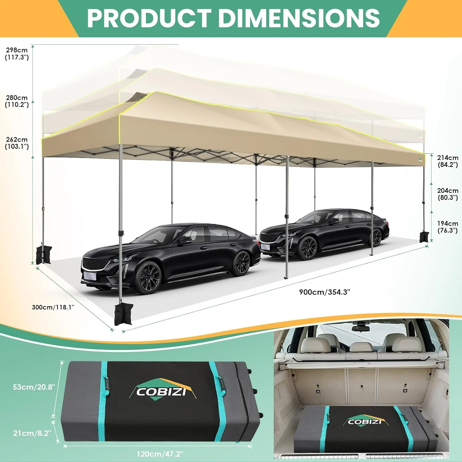 COBIZI 10x30 Pop Up Canopy Tent, Wedding Party Tent Without Sidewall One Push Setup Glow, 3 Adjustable Height Air Vent Waterproof UPF50 , Wheeled Bag, Sandbag, Stake, Rope for Commercial, Outdoor