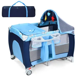 Costzon 4 in 1 Pack and Play with Bassinet, Portable Baby Playard with Adjustable Canopy, Side Zipper Entrance, Music Box, Whirling Toys, Wheels & Brake, Basket, Travel Crib for Indoor Outdoor Use