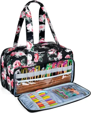 CURMIO Yarn Storage Bag, Knitting Tote Bag For Crochet Hooks, Knitting Project and Accessories, Ideal for Crochet Beginners and Knitting Lovers, Bag Only, Black Flower