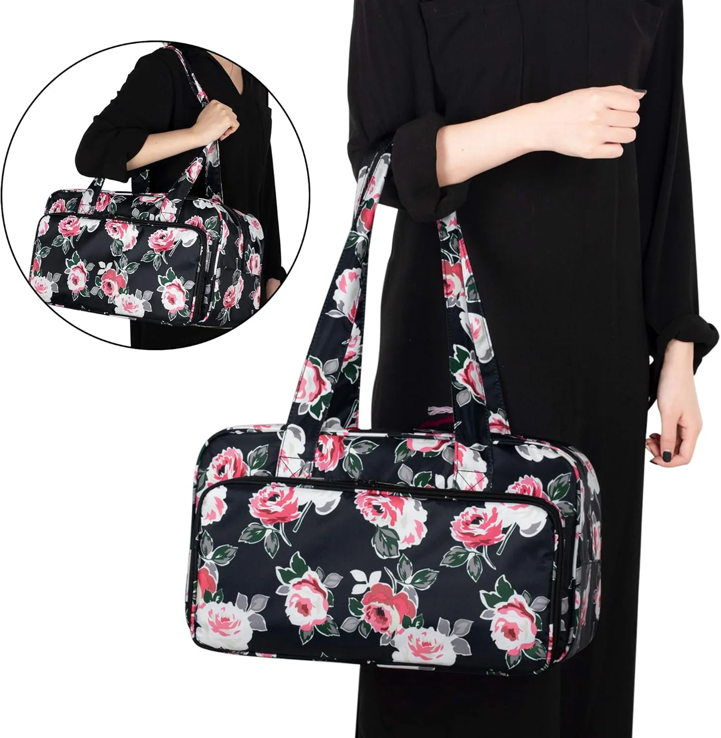 CURMIO Yarn Storage Bag, Knitting Tote Bag For Crochet Hooks, Knitting Project and Accessories, Ideal for Crochet Beginners and Knitting Lovers, Bag Only, Black Flower
