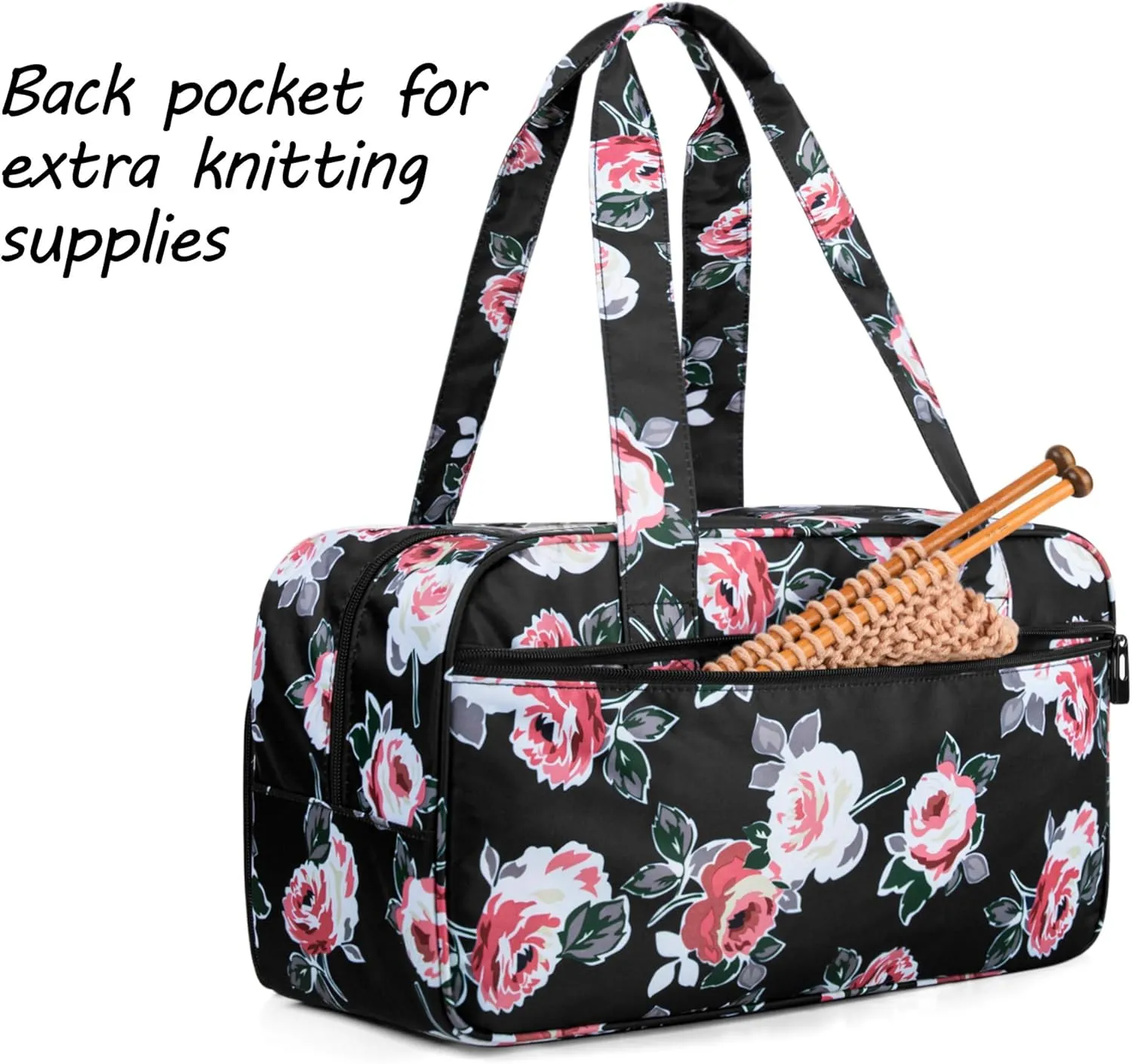 CURMIO Yarn Storage Bag, Knitting Tote Bag For Crochet Hooks, Knitting Project and Accessories, Ideal for Crochet Beginners and Knitting Lovers, Bag Only, Black Flower