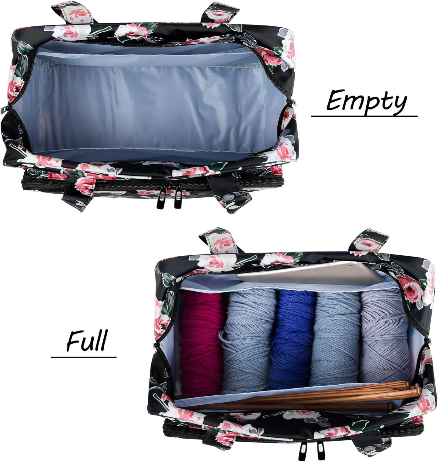 CURMIO Yarn Storage Bag, Knitting Tote Bag For Crochet Hooks, Knitting Project and Accessories, Ideal for Crochet Beginners and Knitting Lovers, Bag Only, Black Flower