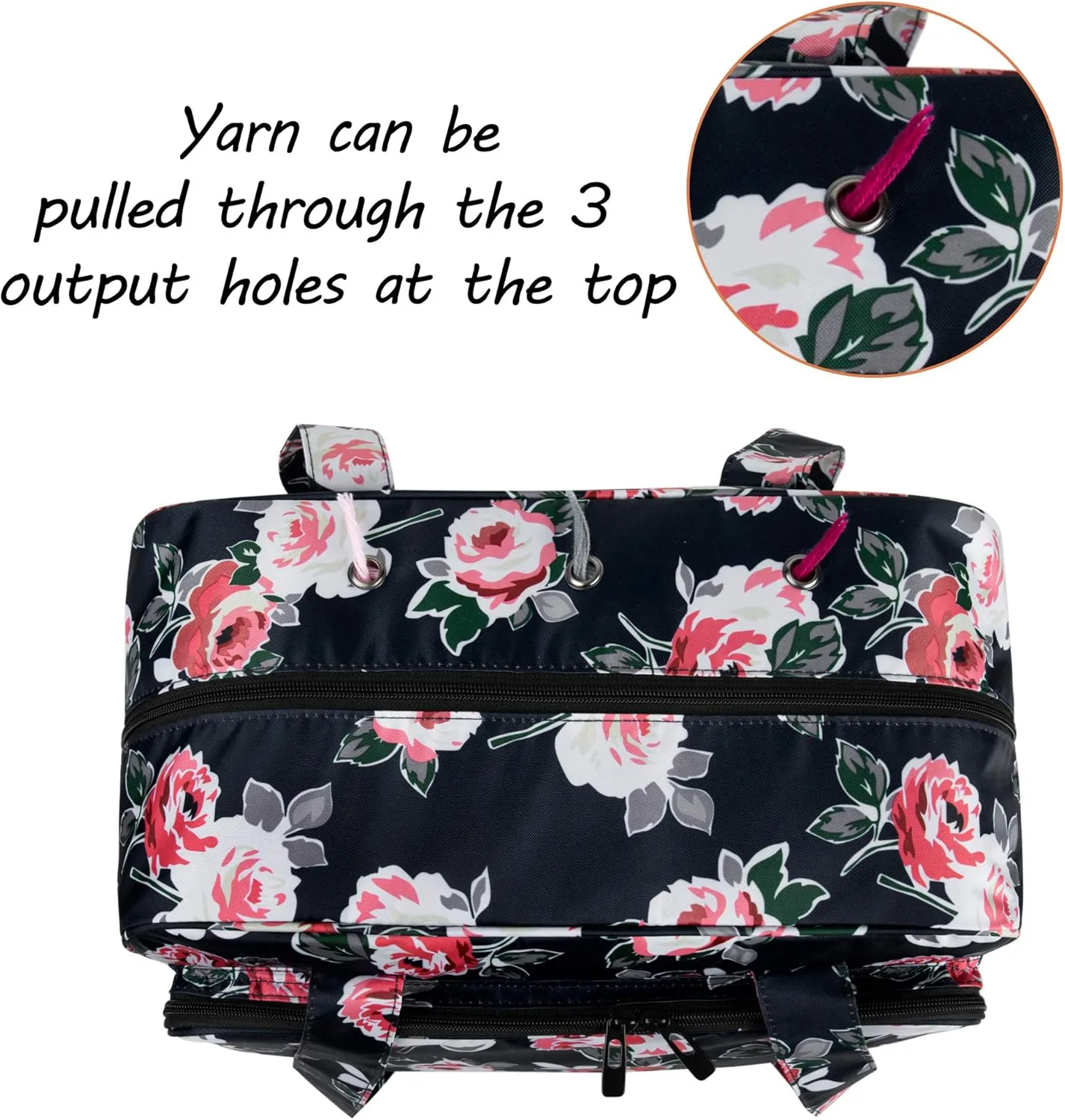 CURMIO Yarn Storage Bag, Knitting Tote Bag For Crochet Hooks, Knitting Project and Accessories, Ideal for Crochet Beginners and Knitting Lovers, Bag Only, Black Flower