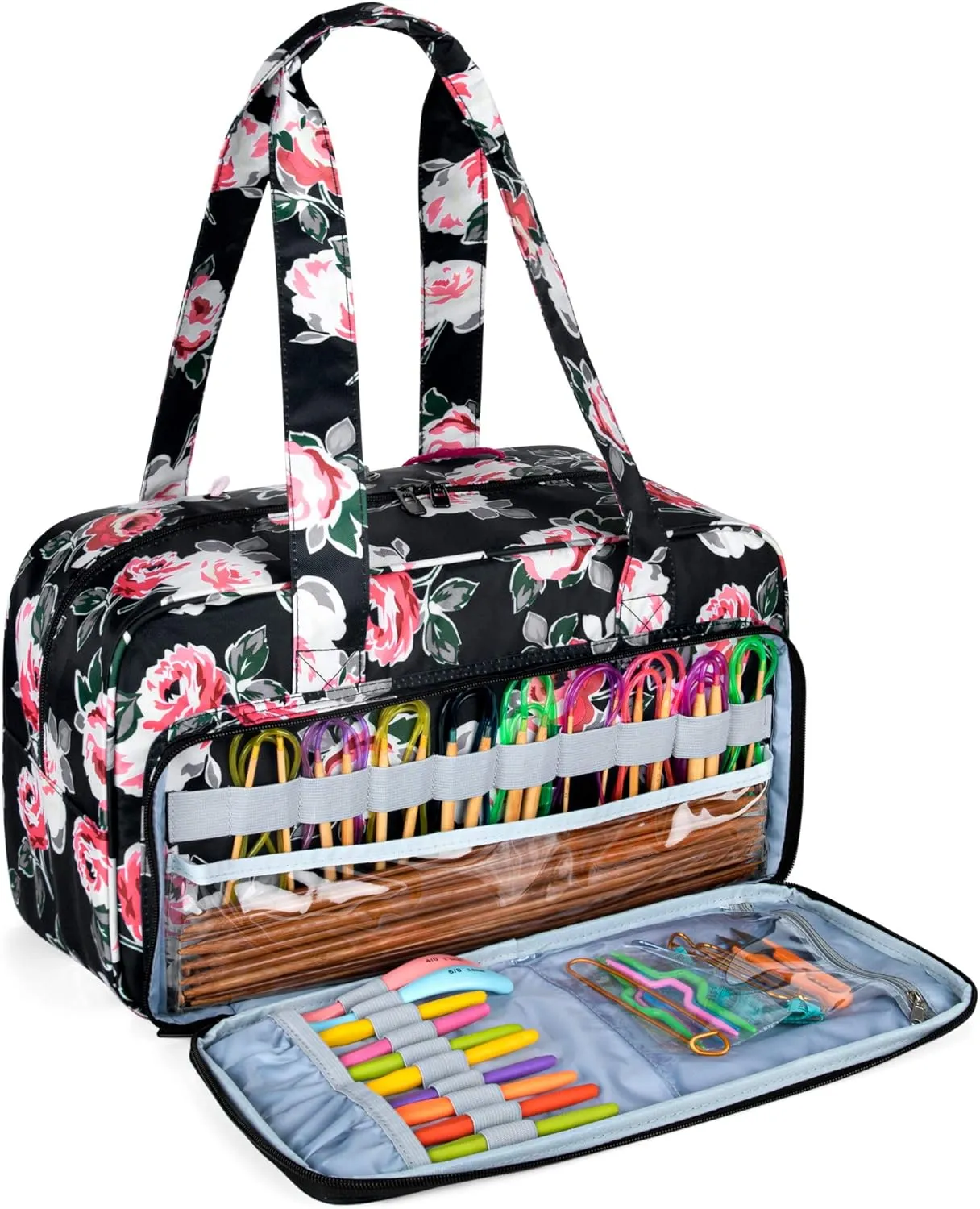 CURMIO Yarn Storage Bag, Knitting Tote Bag For Crochet Hooks, Knitting Project and Accessories, Ideal for Crochet Beginners and Knitting Lovers, Bag Only, Black Flower