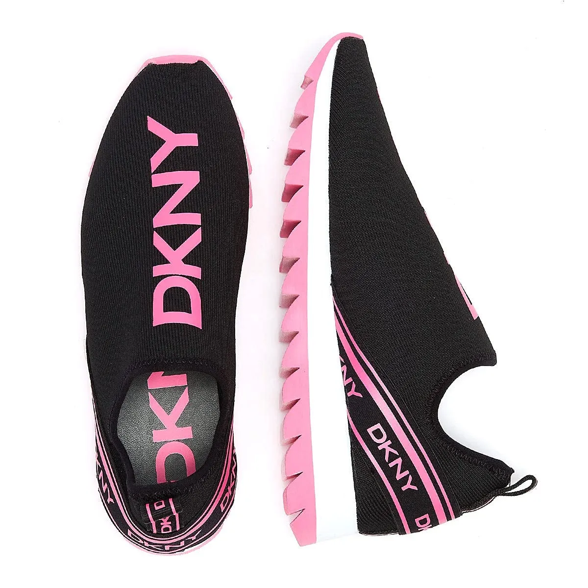 DKNY Women's Lightweight Slip on Fashion Sneaker, Black/NEON Pink Abbi, 9