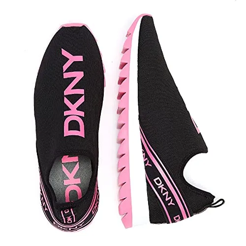 DKNY Women's Lightweight Slip on Fashion Sneaker, Black/NEON Pink Abbi, 9