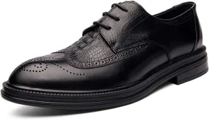 Dress Oxford for Men Lace Up Round Burnished Toe Crocodile Embossed Brogues Wingtips PU Leather Block Heel Rubber Sole Anti-Slip Prom (Color : Black, Size : 8)