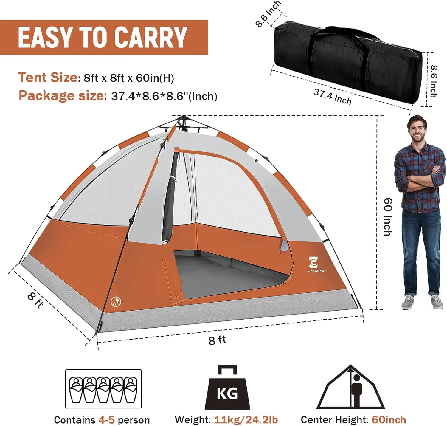 EZ-Sport Pop Up Camping Tent - 4 Person Instant Easy Set Up Family Tent with Removable Rain Fly, Waterproof Windproof Automatic Tent for Outdoor Camping Hiking Backpacking Traveling
