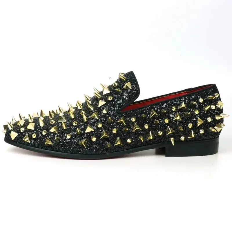 Fiesso FI-7517 Black Glitter Gold Spikes Slip on Loafers