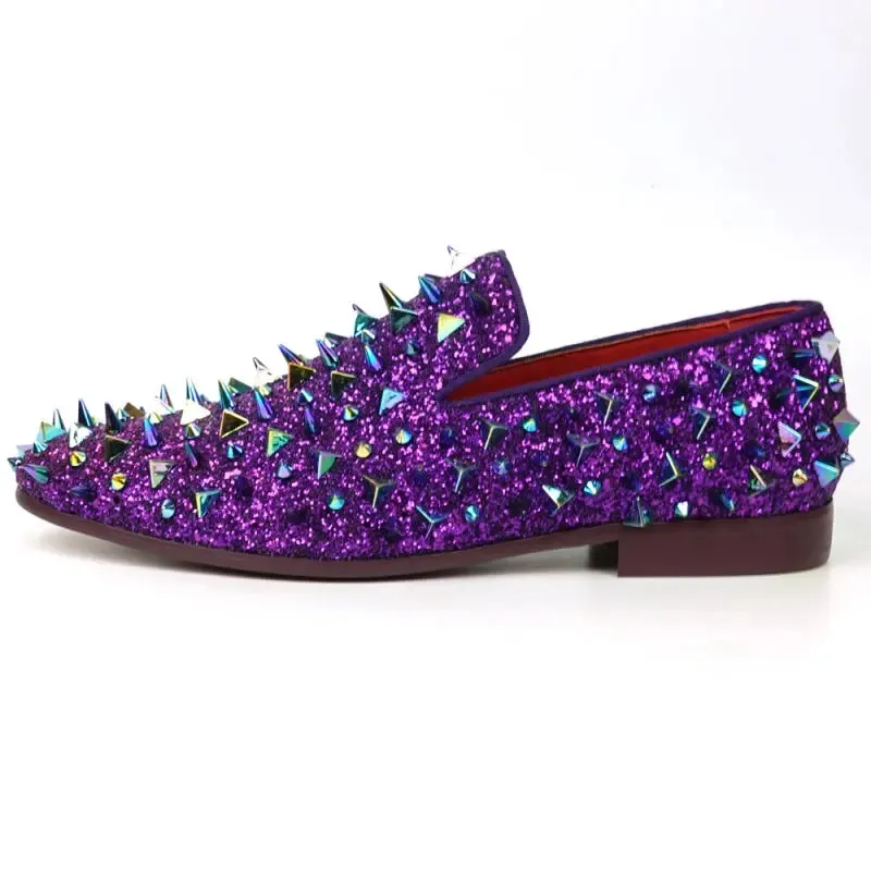 Fiesso FI-7517 Purple Glitter Purple Spikes Slip on Loafers