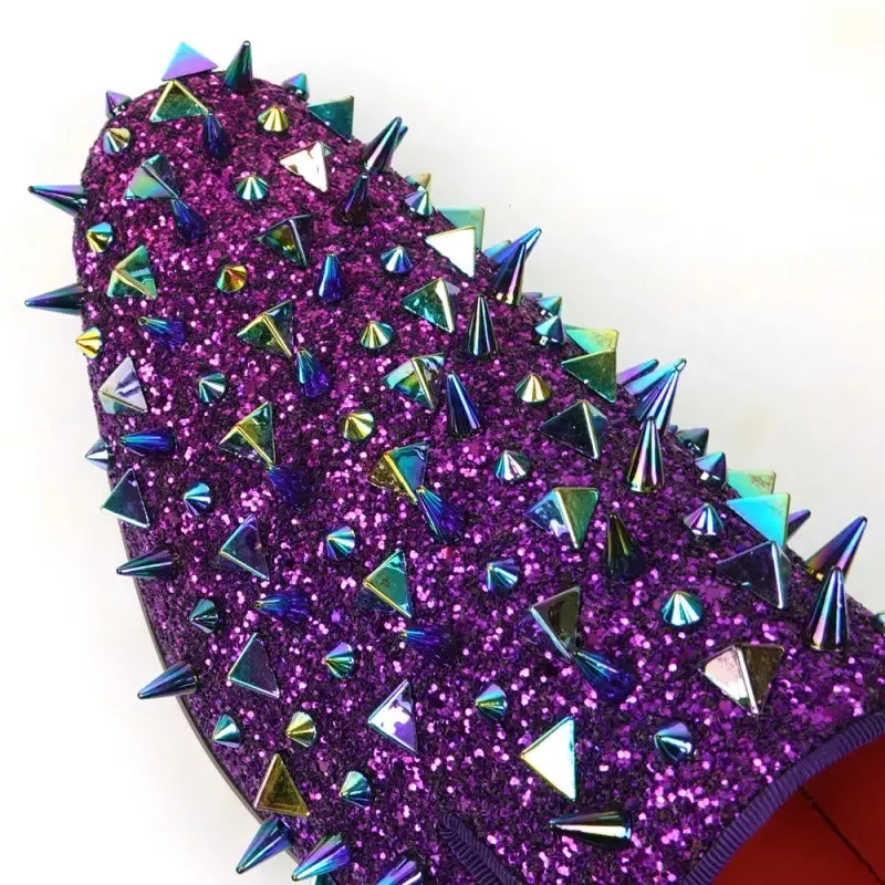 Fiesso FI-7517 Purple Glitter Purple Spikes Slip on Loafers