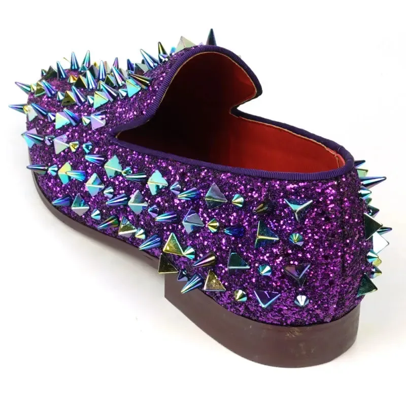 Fiesso FI-7517 Purple Glitter Purple Spikes Slip on Loafers