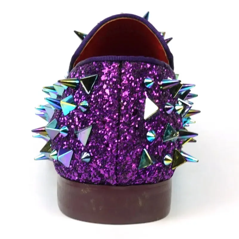Fiesso FI-7517 Purple Glitter Purple Spikes Slip on Loafers