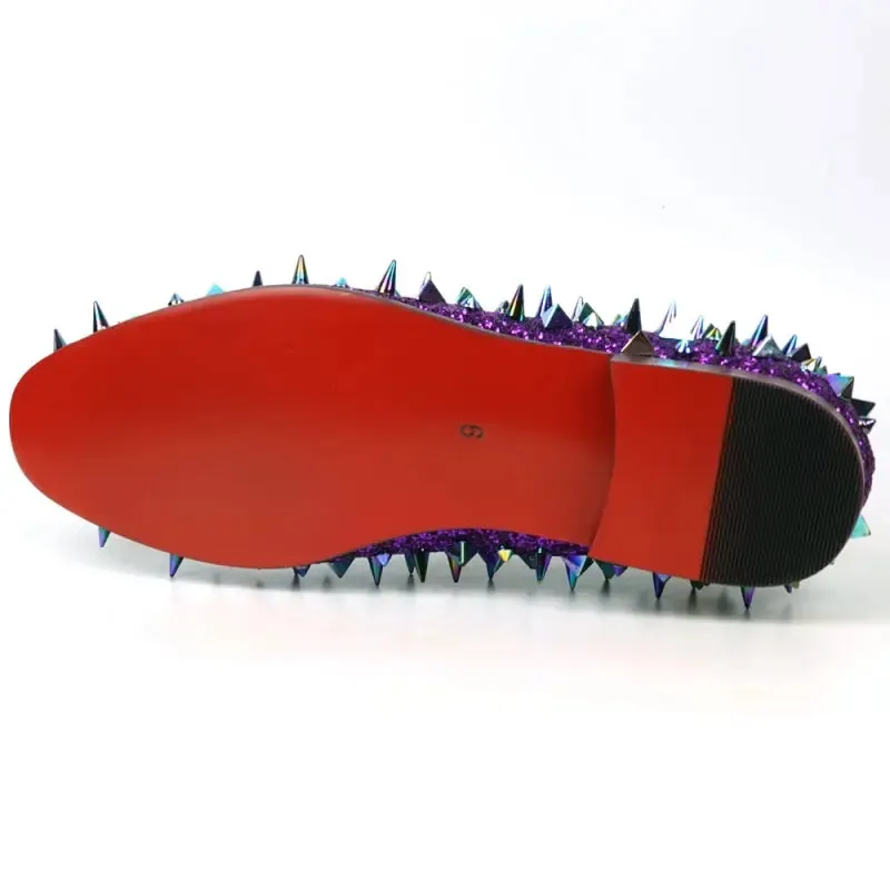 Fiesso FI-7517 Purple Glitter Purple Spikes Slip on Loafers