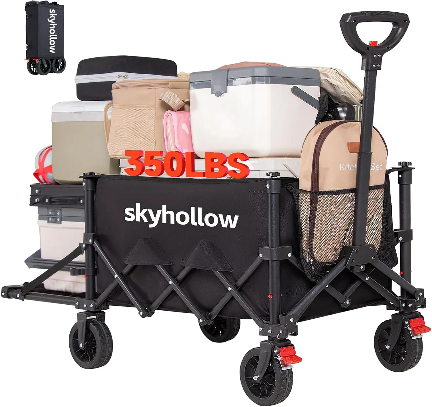 Foldable Wagon with Extended Tailgate,Fold up Wagon,Foldable Cart with Wheels,high-Capacity,for Grocery, Shopping, Camping, Garden, Fishing, Sports(Black)