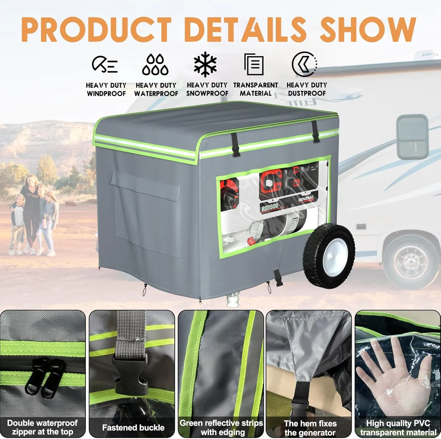 Generator Covers While Running,28"L x 20"W x 20"H Heavy Duty Waterproof Generator Covers for Outside,With Tool Bag And Visual Operation Window,Suitable for 3000W-5000W Frame Generator（Gray）