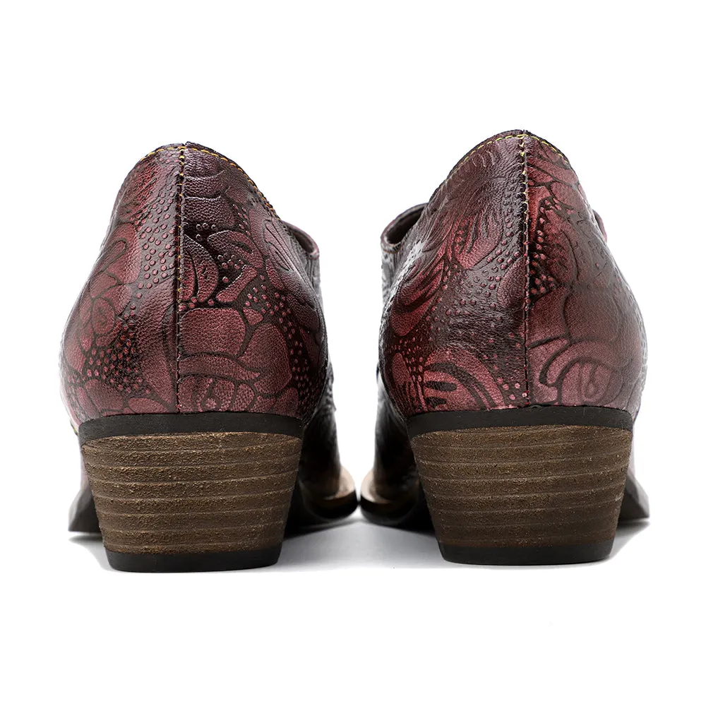 Genuine Leather Block Brogue-Detail Floral Embossed  Oxford Heel Shoes- Vicconfy