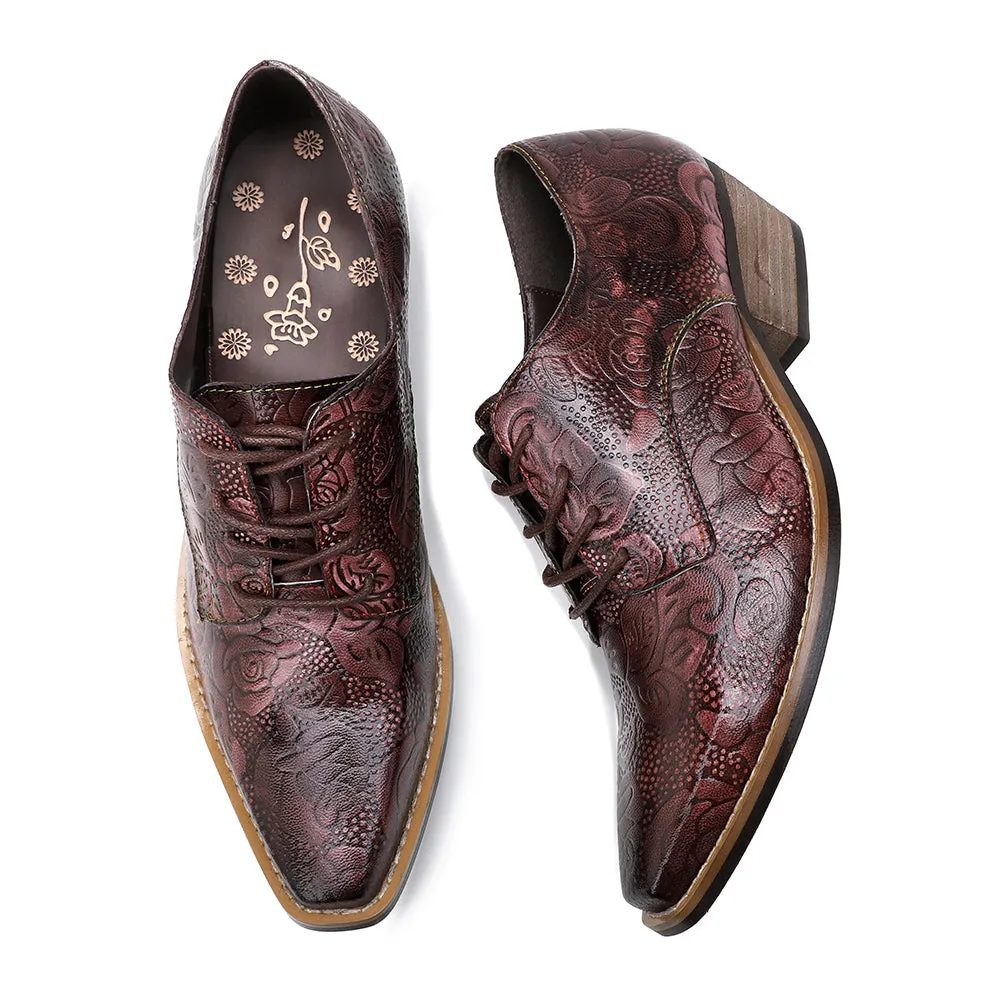 Genuine Leather Block Brogue-Detail Floral Embossed  Oxford Heel Shoes- Vicconfy