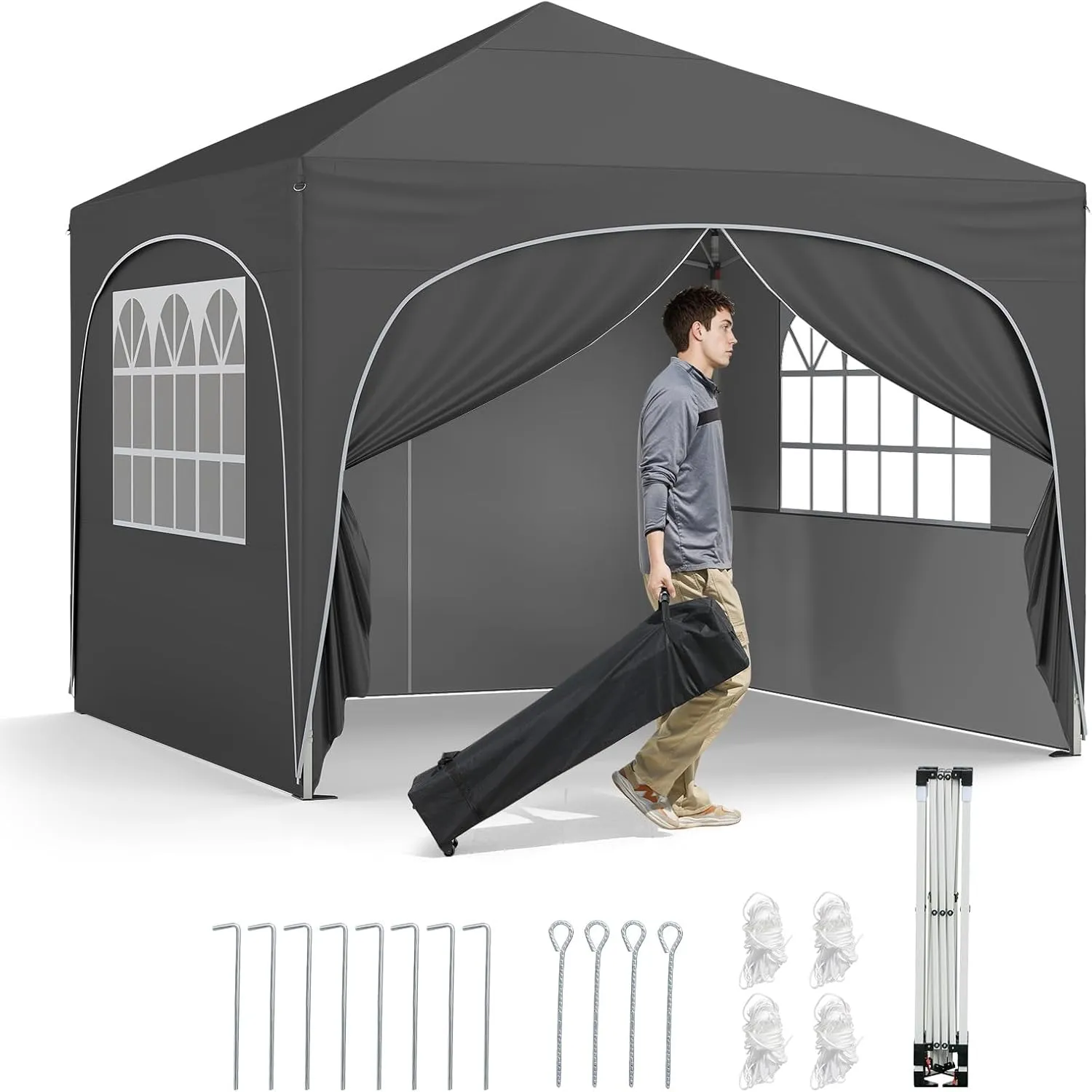 Goplus 10 X 10 FT Pop up Canopy Tent w/ 4 Removable Sidewall, Wheeled Bag, 8 Stakes, 4 Anchors, 4 Wind Ropes, 4 Sandbags, Portable Foldable Outdoor Beach Sun Shelter, Commercial Patio Party Event Tent