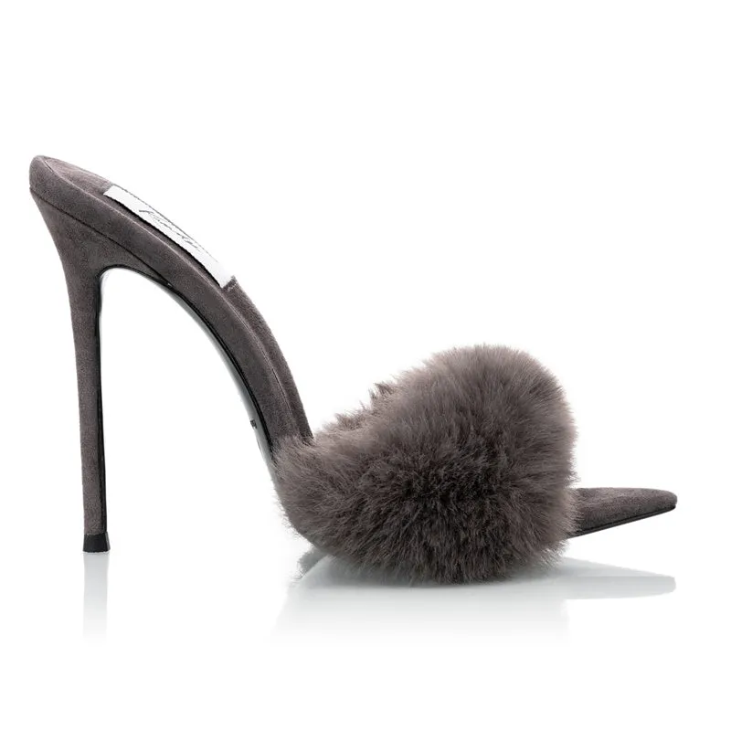 GREY SUEDE MINK MULES
