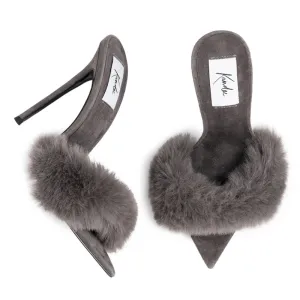 GREY SUEDE MINK MULES