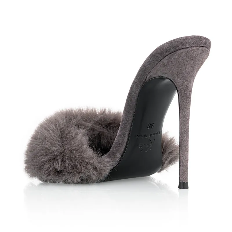 GREY SUEDE MINK MULES
