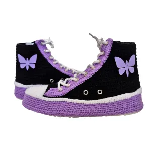 Handmade Crochet Knit Women's Indoor Slippers, Purple Butterfly Patch, Custom Sneaker-Style Embroidered Plush Shoes