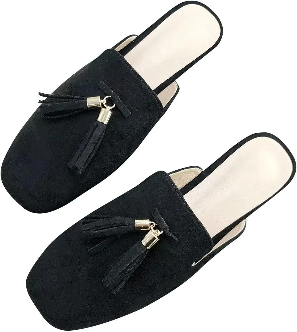 Hee grand Mules for Women Tassel Mule Slippers Summer Square Toe Slip On Loafers Casual Closed Toe Suede Flat Slides