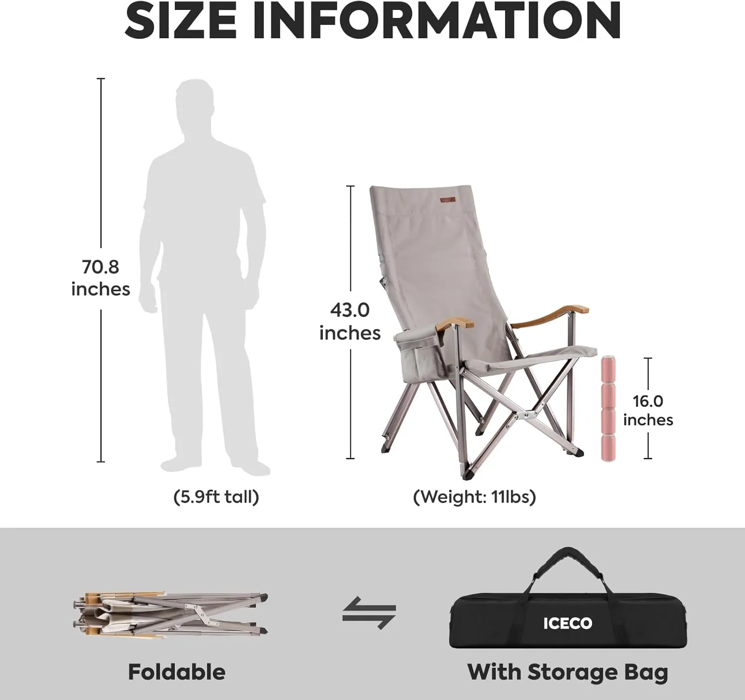 ICECO High Back Camping Chairs for Adults, Heavy Duty Folding Chair for Outside, Portable Outdoor Chairs with Storage Bag, Hold Up 600 LBS Backpack Camping Chair, 10 Years Warranty (Grey)
