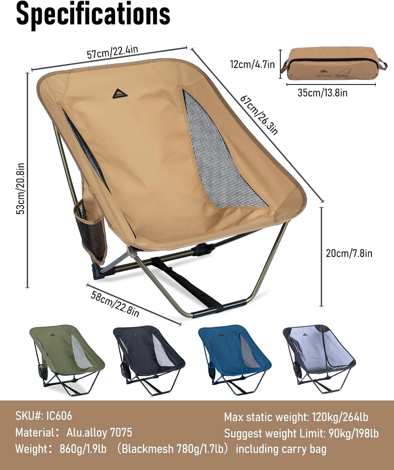 iClimb Low Ultralight Compact Camping Folding Chair with Side Pocket and Carry Bag